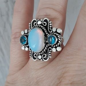 New Opal Opalite & Blue Topaz 925 Silver Ring.
